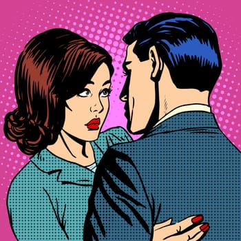 Couple in love hugging pop art retro style