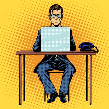 Businessman works behind laptop retro style pop art