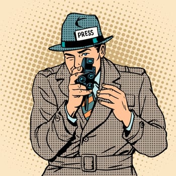 Journalist takes on retro camera. Paparazzi snooping tabloid press pop art