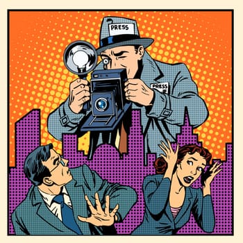 Media paparazzi terrorizing people. A man and a woman fleeing in panic from the giant of a journalist with a camera pop art retro style