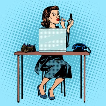 Businesswoman putting on lipstick in the office for work space. Beauty and makeup pop art retro style