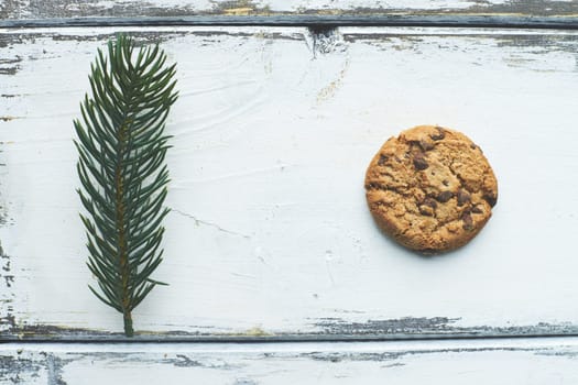 Crispy cookie and firtree branch on white wooden background