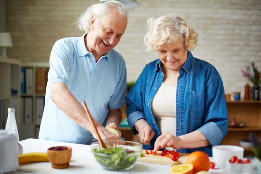 Happy senior couple preparing fresh vegetable salad in the kitchen