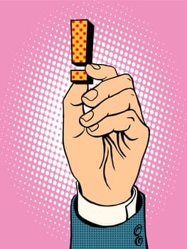Business concept opinion. The hand and exclamation mark pop art retro style