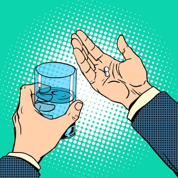 Medication health pills in hand. A glass of water. Pop art retro style