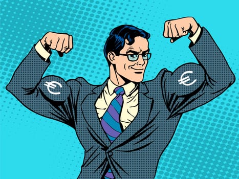 Businessman with muscles currency Euro pop art retro style