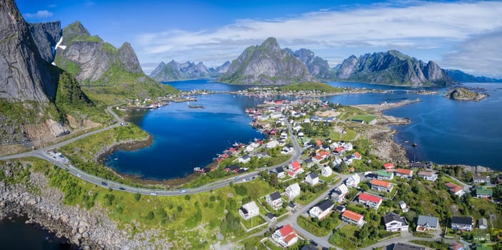Scenic panorama of fishing port Reine on Lofoten islands in Norway, popular tourist destination