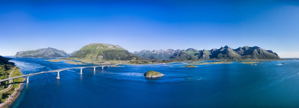 Massive bridge on Lofoten islands in Norway, scenic aerial panorama