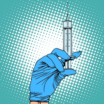 Hand with a syringe injection vaccination medicine pop art retro style