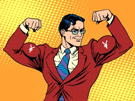 Businessman with muscles currency yen pop art retro style