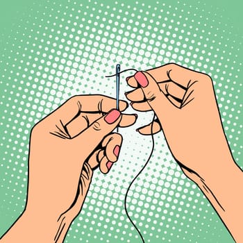 Needlework seamstress threads the needle pop art retro style