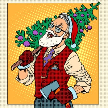 Hipster Santa Claus with Christmas tree pop art retro style