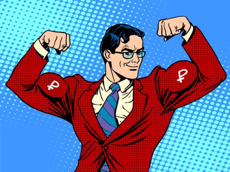 Businessman with muscles currency ruble pop art retro style