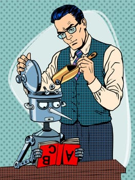 Education scientist teacher robot student pop art retro style