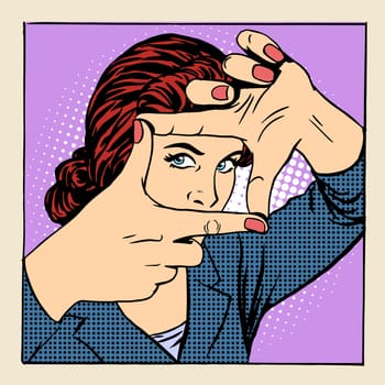 Photo frame beautiful woman gesture operator pop art retro style