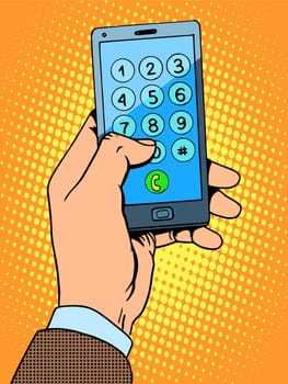 Hand smartphone phone number pop art retro style