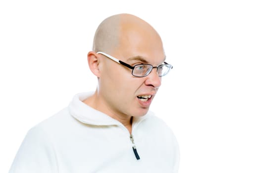 Bald evil man. Isolated on white. Studio