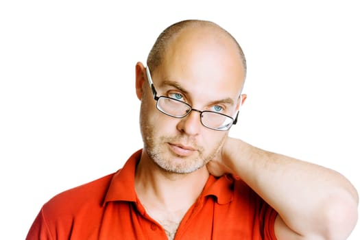 Unshaven man with glasses. Pain in the neck. Isolated on white. Studio