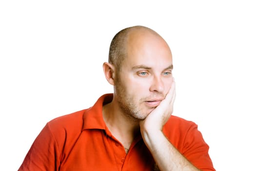 Unshaven man. Toothache. Isolated on white. Studio