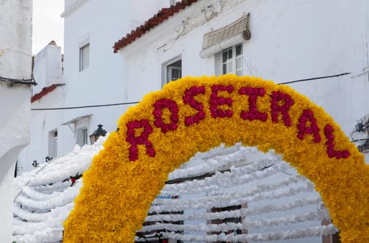 Flower festival in Campo Maior with paper flowers decorared streets, Portugal