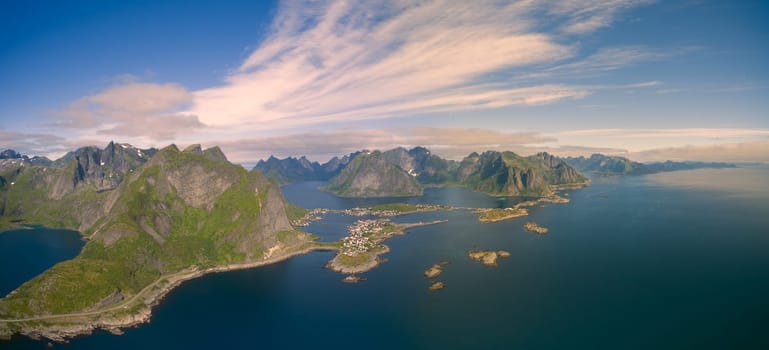 Scenic panorama of Reine on Lofoten islands in arctic Norway