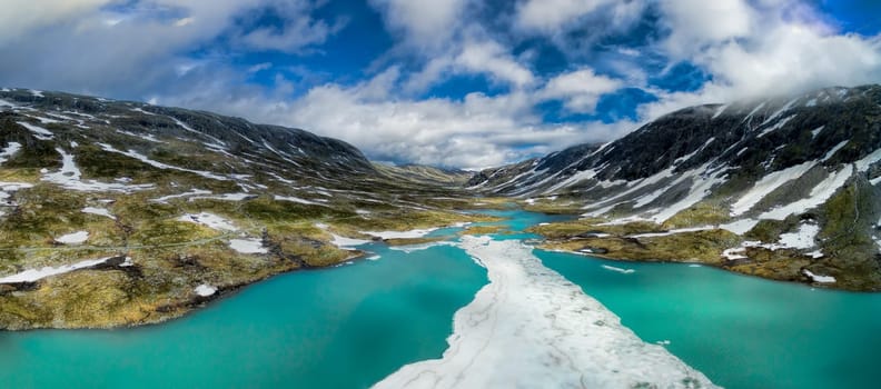 Scenic aerial panorama of mountain lake in Norway, Gamle Strynefjellsvegen national tourist road