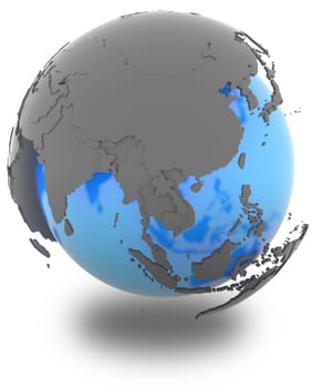 East Asia standing out of blue Earth in grey, isolated on white background