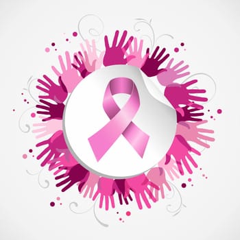 Breast cancer awareness social support hand poster with pink ribbon badge. EPS10 vector.