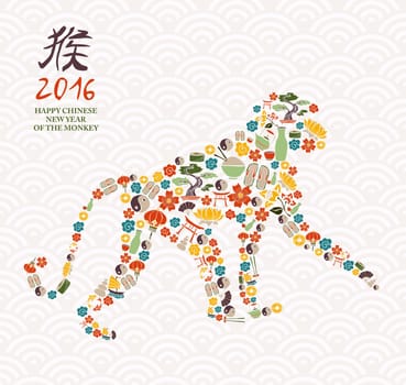 2016 Happy Chinese New Year of the Monkey asian inspired culture icons forming ape silhouette. EPS10 vector.