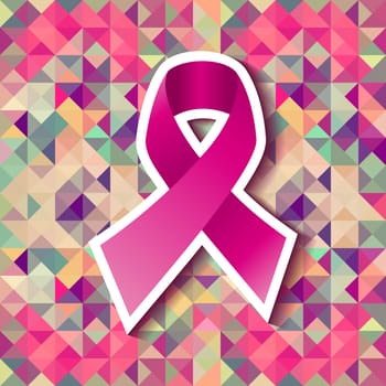 Pink ribbon for breast cancer awareness cause over colorful triangle tile pattern. EPS10 vector.