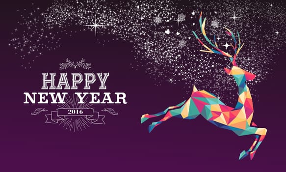Happy new year 2016 greeting card or poster design with colorful triangle reindeer and vintage label illustration. EPS10 vector...