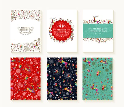 Merry christmas set of seamless xmas reindeer patterns in colorful low poly style and text templates. Ideal for holiday greeting cards, print, or wrapping paper. EPS10 vector file.