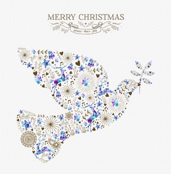 Merry christmas peace dove shape composition with reindeer and vintage holiday elements. Ideal for xmas greeting card or invitation. EPS10 vector.