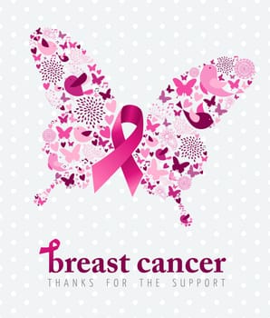 Breast cancer support poster pink ribbon with spring icon elements as butterfly wings. EPS10 vector.