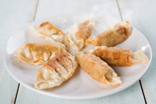 Fresh pan fried dumplings on plate with hot steams. Asian appetizer on rustic vintage wooden background.