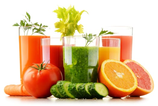 Glasses with fresh organic vegetable and fruit juices isolated on white. Detox diet