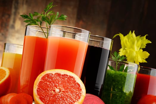 Glasses with fresh organic vegetable and fruit juices. Detox diet