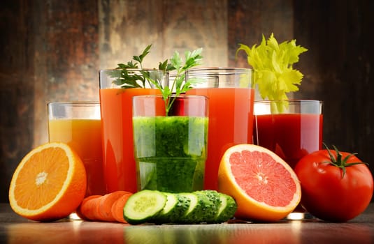 Glasses with fresh organic vegetable and fruit juices. Detox diet