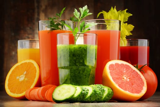 Glasses with fresh organic vegetable and fruit juices. Detox diet
