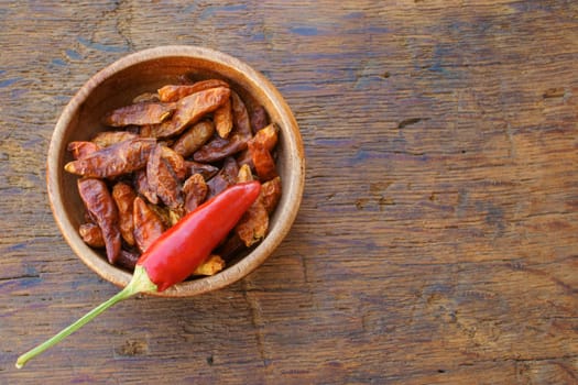 Dried chillies in wooden bowl