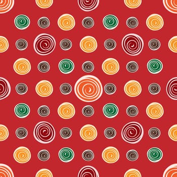 Red flower yellow green circles on red seamless pattern background. Spiral curls spot
