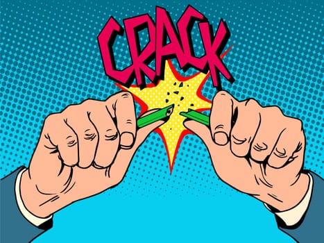 Hands breaking pencil. Creative process business concept pop art retro style