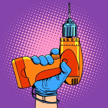 Drill in hand work repair pop art retro style