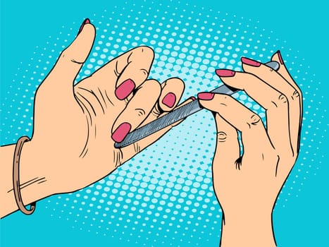 Nail care beauty woman. The girl cares for the hands pop art retro style