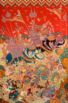 Ancient Buddhist temple mural painting of the life of Buddha, Thailand
