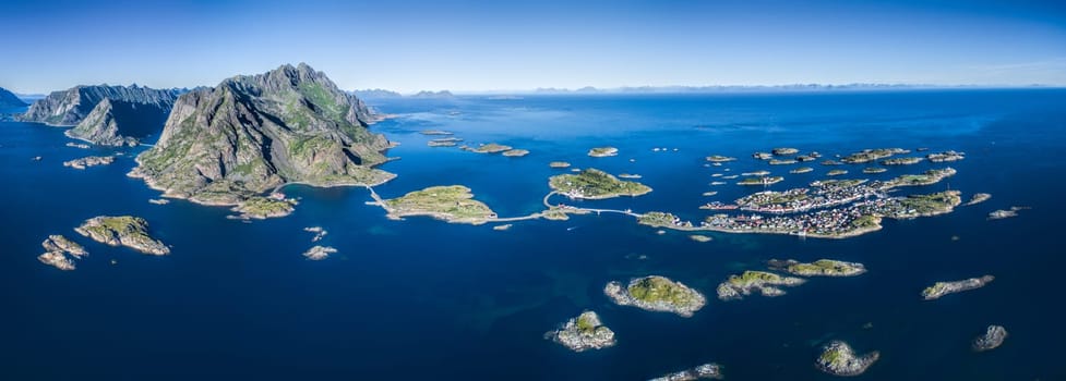 Beautiful aerial panorama of Henningsvaer, scenic fishing village on Lofoten islands, Norway
