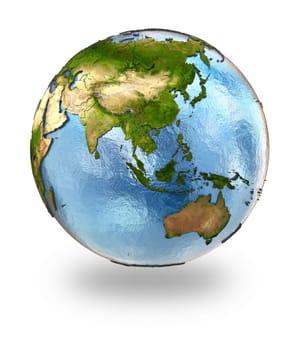 Highly detailed planet Earth with embossed continents and visible country borders featuring southeast Asia. Isolated on white background. Elements of this image furnished by NASA.