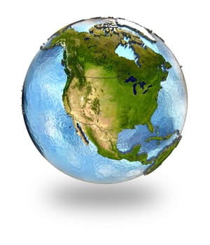 Highly detailed planet Earth with embossed continents and visible country borders featuring North America. Isolated on white background. Elements of this image furnished by NASA.