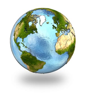 Highly detailed planet Earth with embossed continents and visible country borders featuring Europe and north America. Isolated on white background. Elements of this image furnished by NASA.