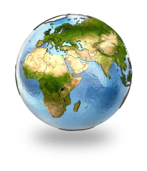Highly detailed planet Earth with embossed continents and visible country borders featuring Europe and Africa. Isolated on white background. Elements of this image furnished by NASA.